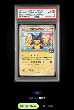 A PSA 9 graded Pokémon Japanese promo card featuring Pikachu and what appears to be Meowth or another Pokémon, labeled 'EPIC' with a valuation of $870 and a sell price of 74715.