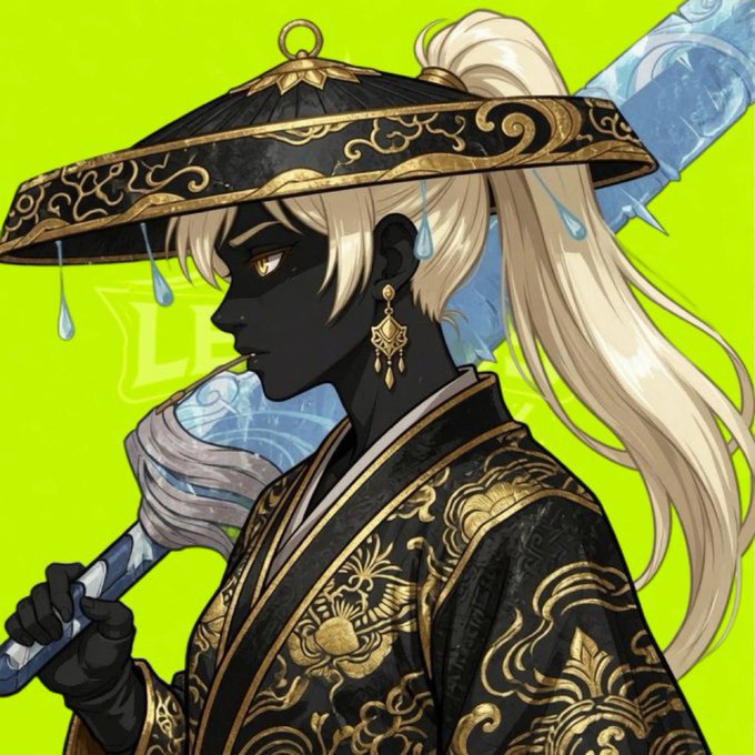 An anime-style illustration depicts a dark-skinned character with white hair wearing a black and gold ornate outfit and a wide-brimmed hat with raindrop decorations against a bright neon green background.