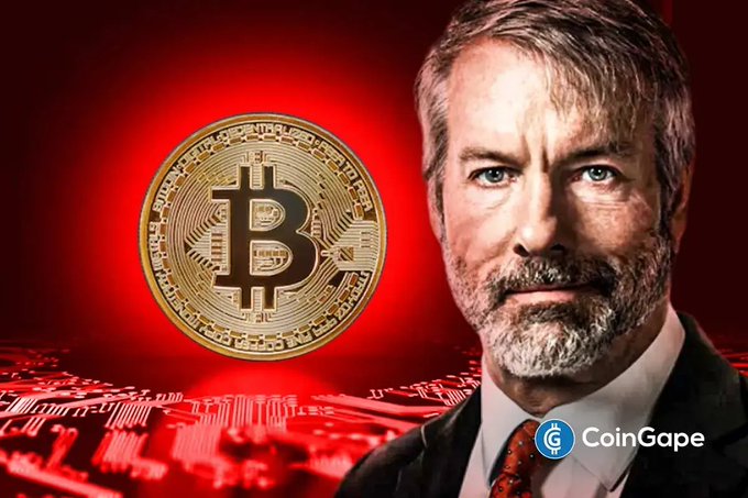 The image shows Michael Saylor alongside a Bitcoin symbol, suggesting his involvement with the cryptocurrency, as indicated by the post's mention of his plan to sell up to $5 billion in Bitcoin.