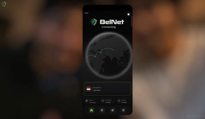 A smartphone displays the BelNet VPN app interface with 'BelNet Connecting' text, showing a globe animation connecting to Singapore with 31 ms ping, 11.96 KB/s download, and 8.5 KB/s upload speeds.