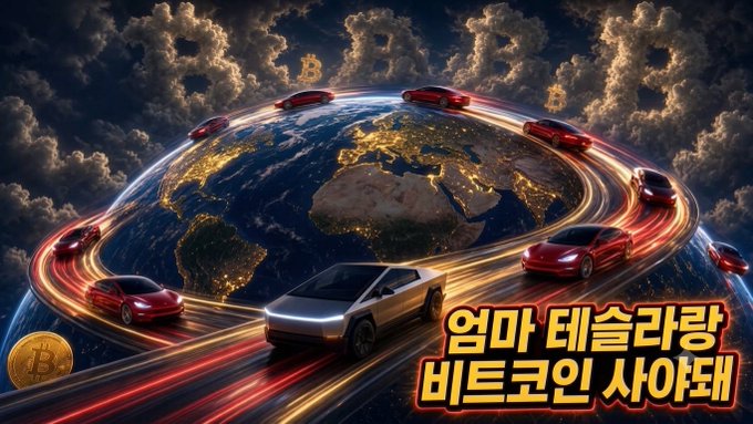 A digitally rendered globe surrounded by futuristic vehicles and Bitcoin symbols, with Korean text reading '엄마 테슬라랑 비트코인 사야돼' (Mom, I have to buy Tesla and Bitcoin).