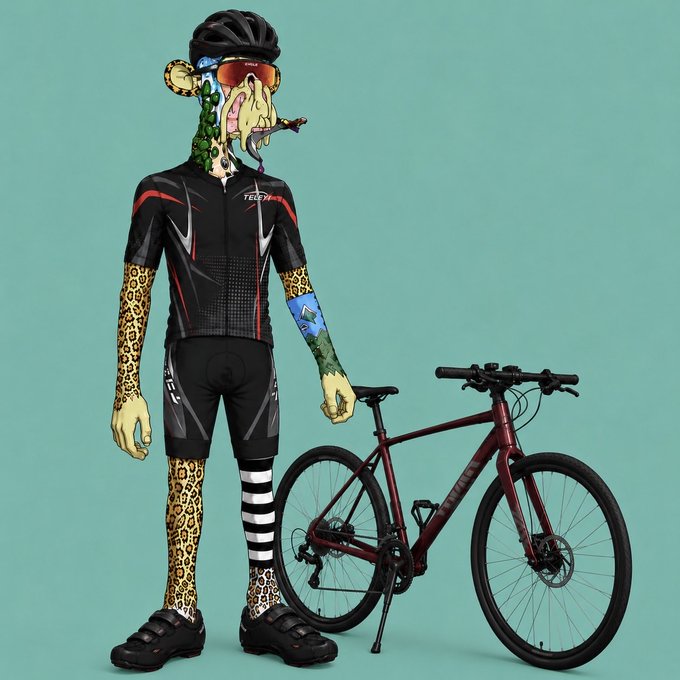 A surreal digital illustration of a cyclist in racing gear with a bizarre, cartoonish face featuring a long tongue, standing next to a dark red road bike on a teal background.