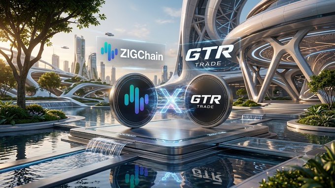 A futuristic cityscape showcases two glowing digital orbs—one displaying the "ZIGChain" logo and the other "GTR Trade"—joined by an illuminated connection, symbolizing the partnership and growing institutional and exchange support mentioned in the post. The high-tech visual reinforces the message of ZIG's expanding ecosystem and rising momentum.