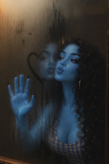 A stylized, artistic portrait depicts a blue-toned woman with curly hair pressing her hand against a rain-streaked window, with a faint reflection and a drawn heart visible on the glass.