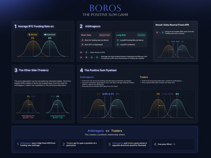 An infographic titled 'BOROS - The Positive Sum Game' explaining BTC funding rates between Binance and Hyperliquid, with sections for arbitrageurs, traders, and a positive sum flywheel.