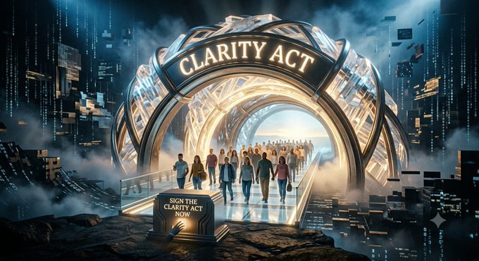 A dramatic digital illustration shows a glowing golden archway labeled 'CLARITY ACT' with crowds of people walking through it, and a sign reading 'SIGN THE CLARITY ACT NOW'.