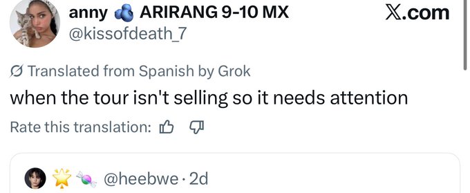 A screenshot of an X.com post by user "anny 🫧 ARIRANG 9-10 MX" (@kissofdeath_7) reads "when the tour isn't selling so it needs attention," referencing a quoted reply from @heebwe in a "WINKARMA" context about tour promotional tactics.