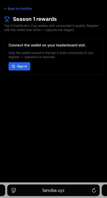FanVibe mobile website displaying a 'Season 1 rewards' page with a prompt to connect a wallet for top 5 Distribution Cup qualifiers, requiring signature registration.