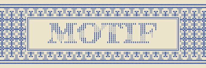 A decorative banner with blue cross-stitch style patterns and an ornate border displays the word 'MOMENT' in stylized letters.