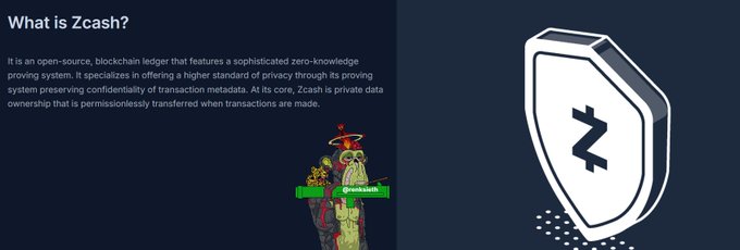 An informational slide titled 'What is Zcash?' explaining it is an open-source blockchain with zero-knowledge proving for transaction privacy, featuring the Zcash logo and a small crypto graphics element.