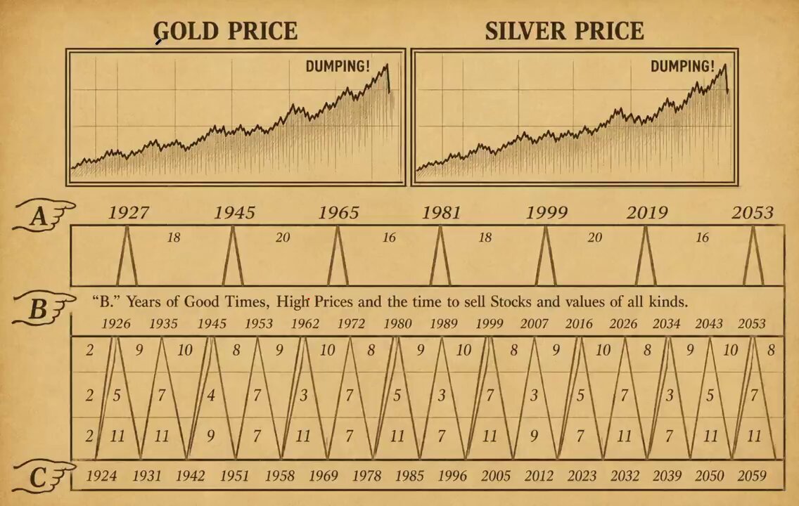 The image features an old-fashioned chart showing the relationship between gold price, silver price, and other factors like the Dow Jones index and the stock market for various years from 1947 to present day. The graph displays a downward trend in the prices of both gold and silver over time, while at the same time, people are also worrying about the Dow Jones, which is an indicator of economic trends affecting multiple markets simultaneously.