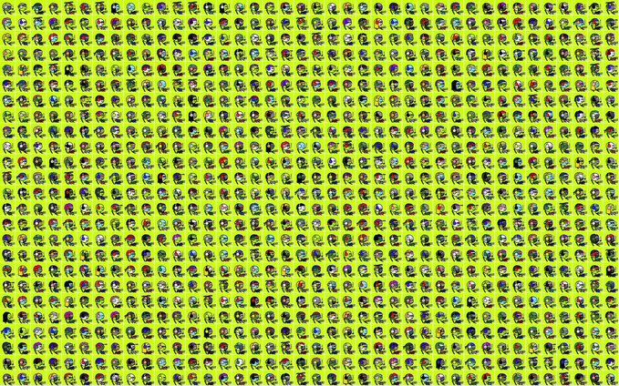 A dense grid of hundreds of small, pixelated character sprites arranged on a green background, resembling a sprite sheet from a retro video game.