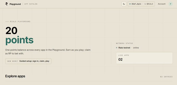 A screenshot of the 'Playground' app catalog interface displaying a Rialo Playgound balance of '20 points' and showing Rialo testnet is online.