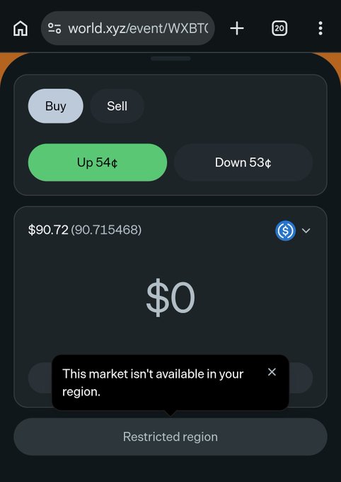 A mobile browser screenshot of world.xyz/event/WXBTC shows a trading interface with Buy/Sell options, Up 54¢ and Down 53¢ buttons, and a popup message stating "This market isn't available in your region." with "Restricted region" below.