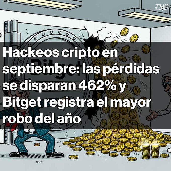 A cartoon illustration showing a cracked vault with gold Bitcoin coins spilling out, with Spanish text reading 'Hackeos cripto en septiembre: las pérdidas se disparan 462% y Bitget registra el mayor robo del año'.