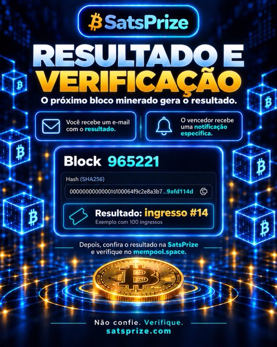 A Portuguese-language promotional graphic for 'SatsPrize' displaying 'RESULTADO E VERIFICAÇÃO' with Block 965221 and a SHA256 hash, showing ticket #14 result.