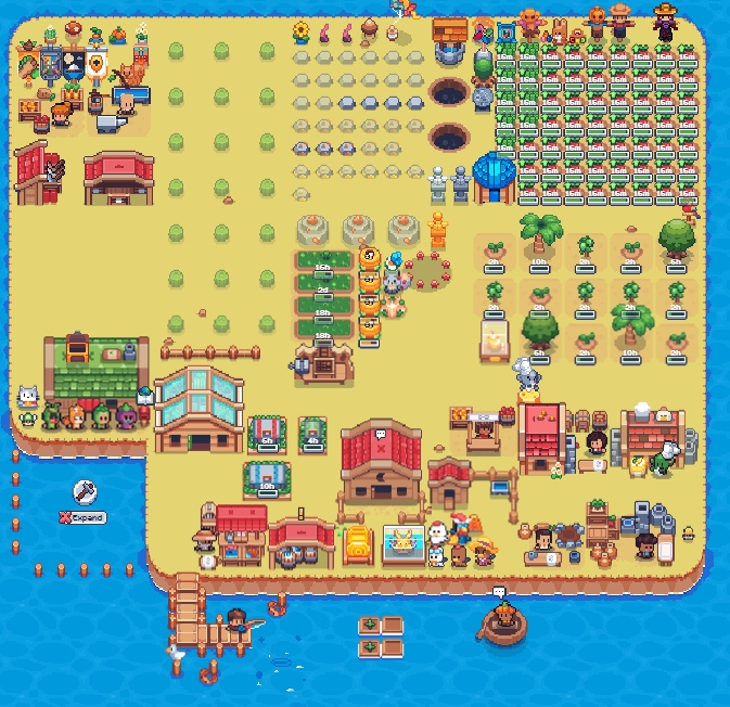 Top-down pixel art view of a bustling island village/game map featuring farmland, buildings, characters, crops, trees, and a dock with a boat.