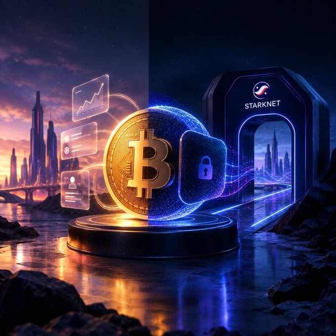 A large gold Bitcoin coin sits on a glowing circular platform beside a blue padlock icon, with a portal labeled "STARKNET" visible on the right, set against a futuristic cityscape at dusk. The image visually reinforces the post's message about privacy by contrasting Bitcoin's transparent nature (represented by the exposed coin and visible data charts) with the locked security and Starknet gateway, symbolizing how strkBTC offers a shielded path to use BTC in DeFi without exposing balances and routes.