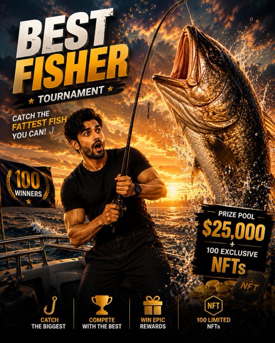 A man on a boat reels in a massive fish at sunset for the "Best Fisher Tournament," featuring a $25,000 prize pool and 100 exclusive NFTs for top winners. The image directly illustrates the post's call to action for the 67 tournament, highlighting the bold challenge to "catch the fattest fish you can" and the promise of epic rewards.