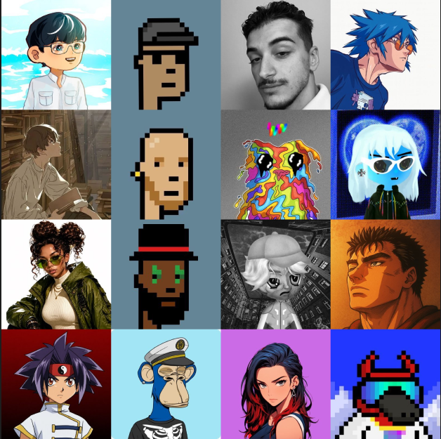 A 4x4 collage of diverse digital avatars, including anime characters, stylized portraits, and pixel-art icons in various colors.