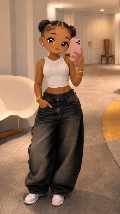 A digital illustration of a stylized young woman with two space buns taking a mirror selfie in a modern interior, wearing a white tank top and oversized dark denim jeans.