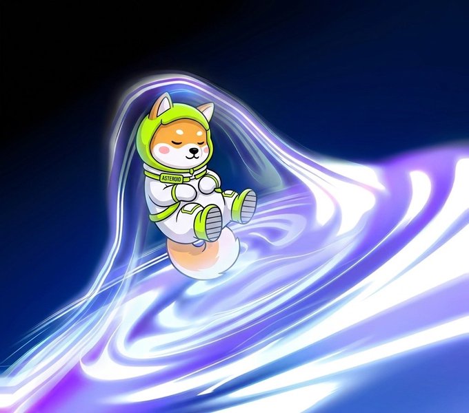 A cartoon Shiba Inu dog wearing a green and white spacesuit with "ASTEROID" labeled on its chest floats serenely with closed eyes amidst swirling purple and white cosmic energy against a dark background. The image visually embodies the post's playful message of $ASTEROID "floating by, building its own galaxy," depicting the token as a peaceful cosmic traveler crafting its own stellar realm.