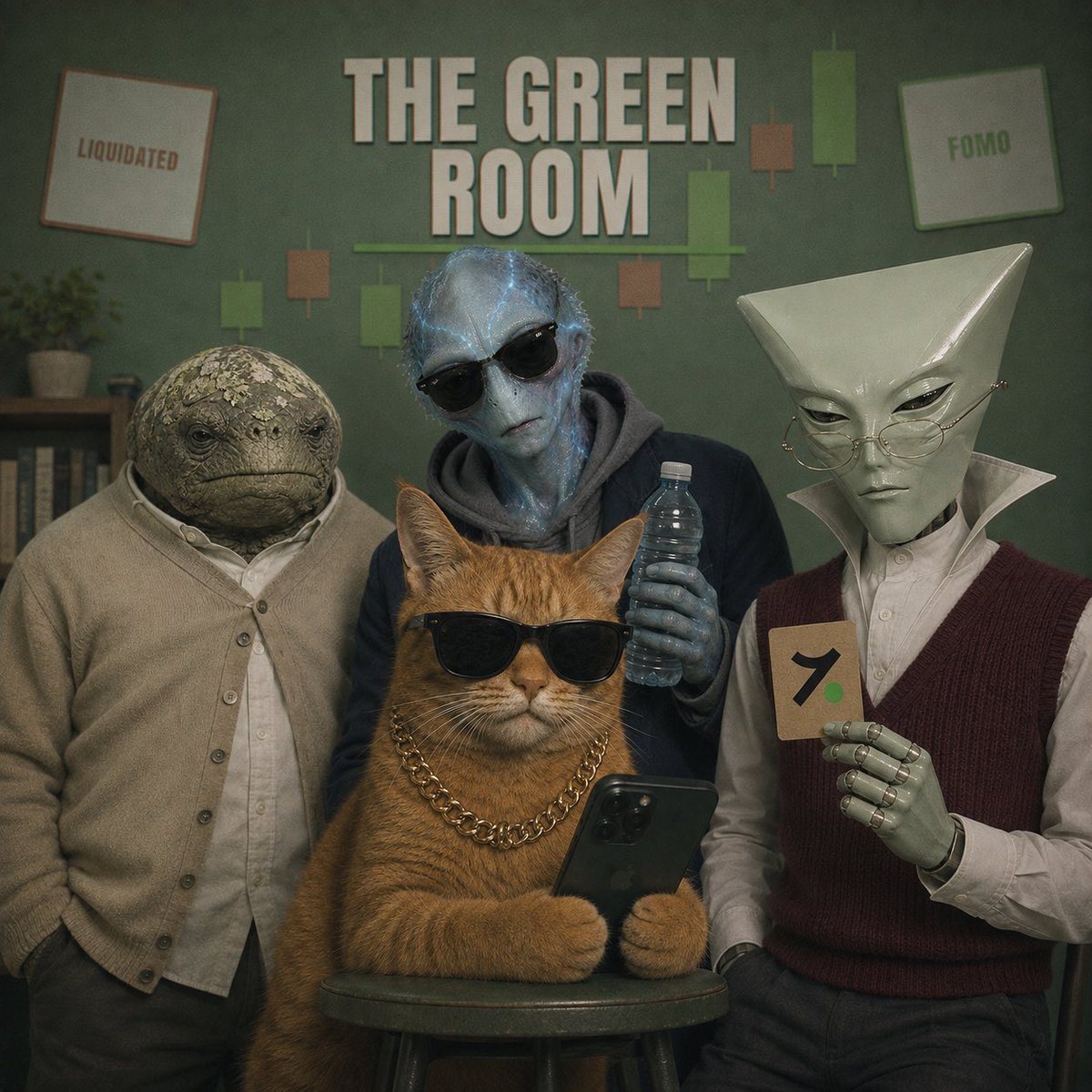 The image shows four characters—a lizard-like figure, a glowing blue-skinned alien holding a water bottle, an orange tabby cat wearing sunglasses and a gold chain looking at a phone, and a pale humanoid with an elongated head—posed together under the title "THE GREEN ROOM," with signs reading "LIQUIDATED" and "FOMO" on the walls behind them, suggesting this is the promotional poster for the pilot episode of a trading-themed talk show featuring characters from different speculative eras.