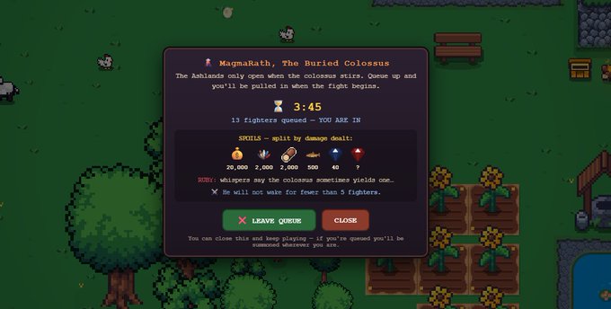 A pixel-art game interface displays a raid queue for "MagmaRath, The Buried Colossus," showing a 3:45 countdown, 13 queued fighters, and loot split requirements (20,000 / 7,000 / 7,000 / 500 / 40 / ?), capturing the player's first raid attempt against this Ashlands boss.
