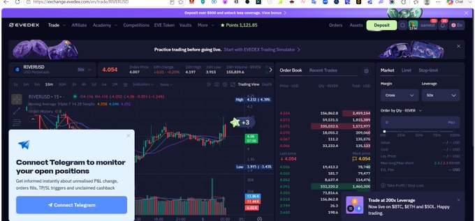 A screenshot of the EVEDEX trading platform showing a price chart for the RIVER/USDT pair at 4.054, with order book details, market info, and a Telegram connection popup.