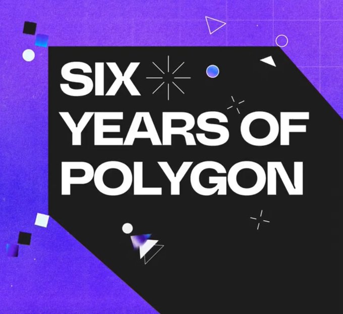 The image features a purple background with white text that reads "Six Years Of Polygon". Below this, there are small geometric shapes such as triangles and circles scattered throughout the image. The text "Congratulations" is written at the bottom of the image in white letters.