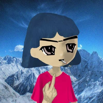 A stylized cartoon figure with black hair and a red shirt holds up their middle finger against a backdrop of snowy mountains and a blue sky, humorously matching the irreverent "Gm to those who Gm" greeting with a sarcastic middle-finger salute to crypto Twitter.