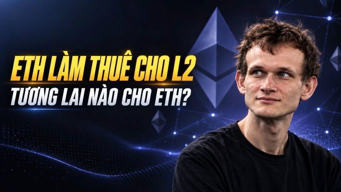 A YouTube-style thumbnail featuring a man against a dark background with the Ethereum logo, accompanied by Vietnamese text: "ETH LÀM THUÊ CHO L2 - TƯƠNG LAI NÀO CHO ETH?"