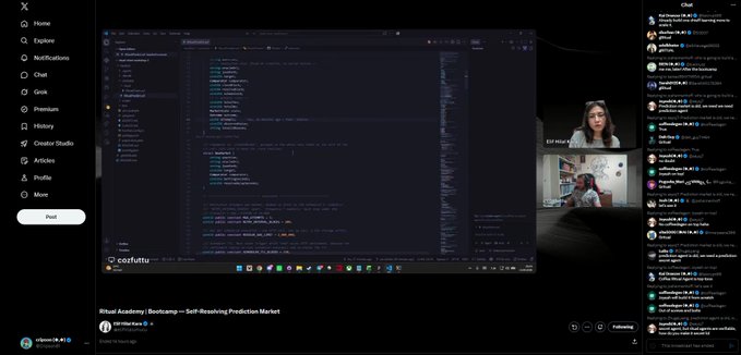 A livestream interface showing a code editor with a 'Bootcamp – Self-resolving Prediction Market' project, accompanied by two webcam feeds of the hosts on the right side and a live chat window.