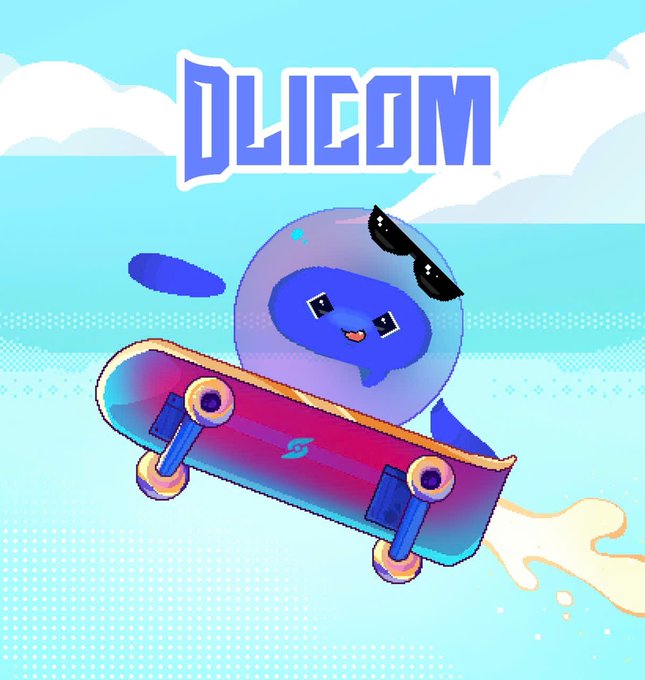 An anime-style illustration features a cute purple mascot with sunglasses riding a colorful skateboard against a blue sky, with 'DLICOM' written in pixel-art lettering above.