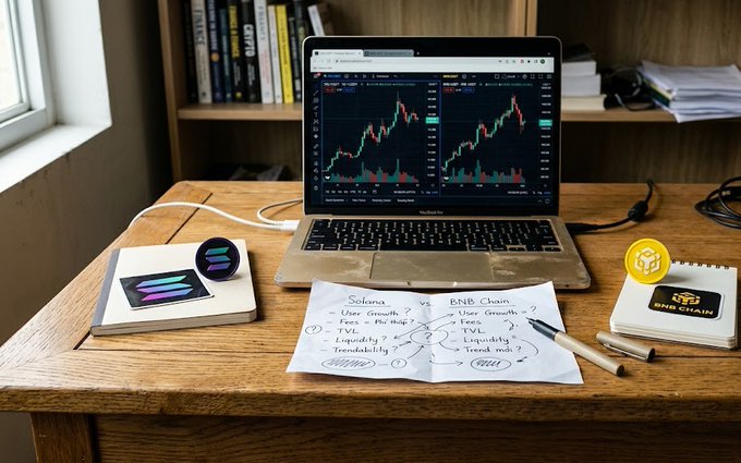 A wooden desk with a laptop displaying crypto trading charts, accompanied by handwritten notes comparing 'Solana vs BNB Chain' with factors like User Growth, Fees, TVL, Liquidity, and Trend mkt, alongside Solana and BNB Chain branded items.