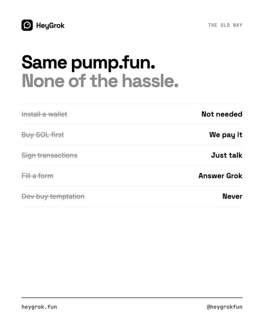 A minimalist advertisement for HeyGrok, comparing 'pump.fun' with 'HeyGrok' under the headline 'Same pump.fun. None of the hassle.'