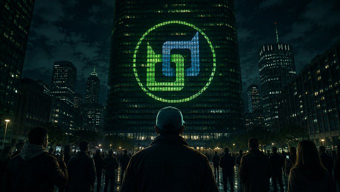 A nighttime scene of a crowd of people standing before a tall building that displays a glowing green circular logo on its windows, resembling the Uniswap cryptocurrency logo.