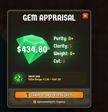 A "GEM APPRAISAL" screen shows a green gem valued at "$434.80" with Purity A+, Clarity S, Weight A+, and Cut S.