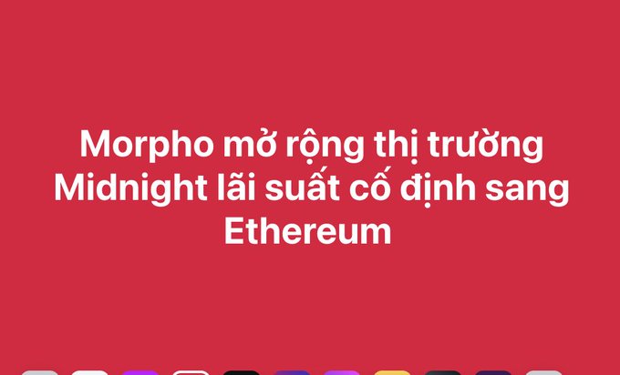 A red banner with white text reading "Morpho mở rộng thị trường Midnight lãi suất cố định sang Ethereum", translating to Morpho expanding the Midnight fixed-rate market to Ethereum.
