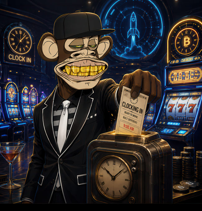 A grinning cartoon monkey in a suit and cap holds up a "CLOCKING IN" ticket at 9:00 AM inside a neon-lit casino featuring slot machines, a "CLOCK IN" sign, and a Bitcoin clock. The image visually reinforces the post's announcement of the $CLOCKIN token launch, symbolizing the "bell about to ring" moment for those who've been waiting.