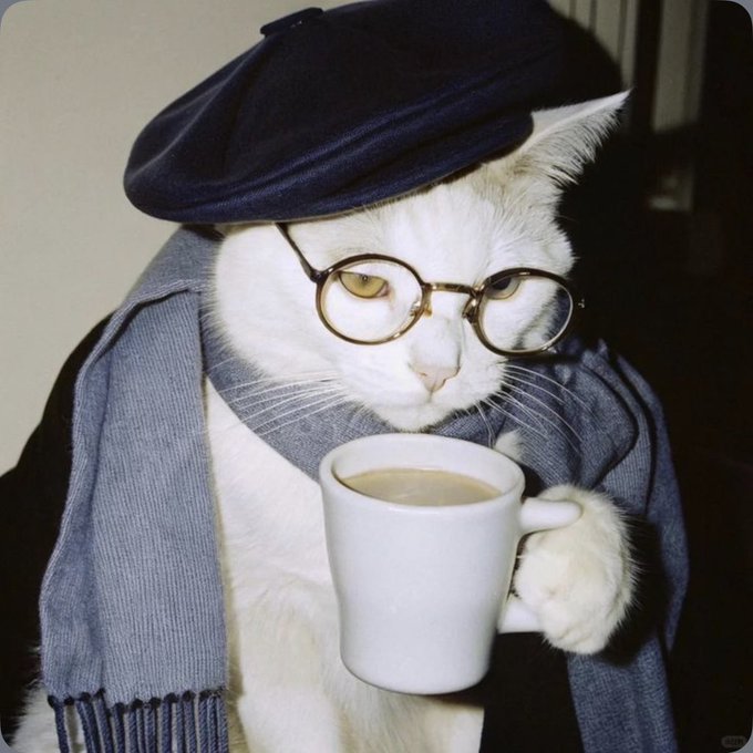 A white cat wearing round glasses, a dark beret, and a grey scarf holds a white mug filled with a brown beverage.