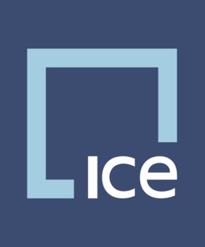 The image displays the Intercontinental Exchange (ICE) logo—a light blue bracket design with "ICE" in white text on a dark blue background—relating to the news that ICE, the NYSE parent company, may invest further in prediction market Polymarket, having already invested over $1.6 billion.