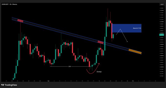 A TradingView candlestick chart for DOGE/USDT on Binance showing a descending channel pattern with annotations for 'Bearish FVG' and 'Sweep'.