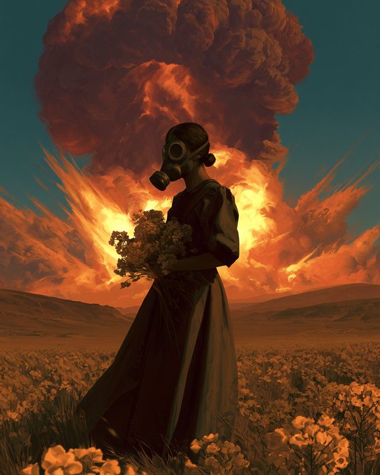 A digital artwork showing a woman wearing a gas mask and holding flowers, with a massive explosion blooming in an orange-red mushroom cloud behind her against a dark sky.