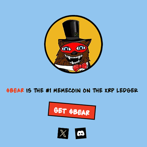 A blue promotional graphic featuring a cartoon bear wearing a top hat and red bow tie inside a yellow circle, with text reading '$BEAR IS THE #1 MEMECOIN ON THE XRP LEDGER' and a 'GET $BEAR' button.