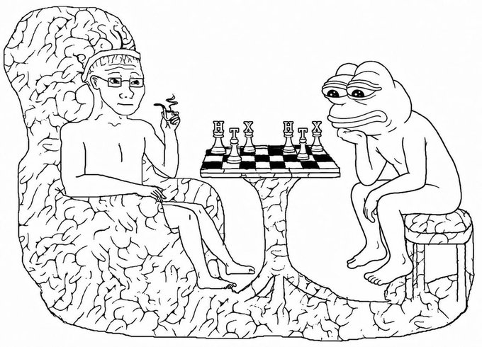 A black-and-white line drawing of a Wojak-style figure wearing glasses playing chess against Pepe the Frog, both seated in rough-hewn chairs with a small table between them.