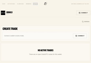 The image shows the GrailsOTC trading platform interface on the BAYC website, featuring a "CREATE TRADE" section prompting wallet connection and a "NO ACTIVE TRADES" message indicating there are currently no open GrailsOTC trades for the wallet. It visually demonstrates step 1-2 of the swap process described, showing the Trade tab where users connect their wallet before selecting NFTs to swap.