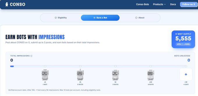 A web interface for 'CONSO' displaying an 'EARN BOTS WITH IMPRESSIONS' program, showing a tiered reward system based on post impressions and a mint supply of 5,555.