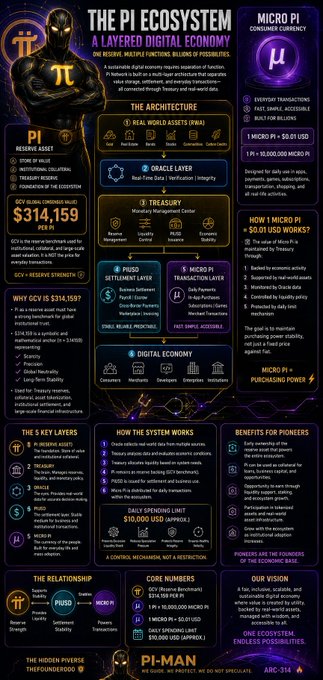 The image is an infographic titled "The Pi Ecosystem: A Layered Digital Economy," detailing Pi Network's architecture through six key layers—Reserve Asset, Real-World Assets (RWA), Oracle Layer, Treasury, PiUSD Settlement Layer, and Micro Pi Transaction Layer—alongside its utility, digital economy, core numbers (314,159 holders, $314.159B GCU valuation), and vision for a decentralized blockchain ecosystem, aligning with the post's emphasis on viewing Pi as a multi-layered reserve asset rather than a single-function cryptocurrency.