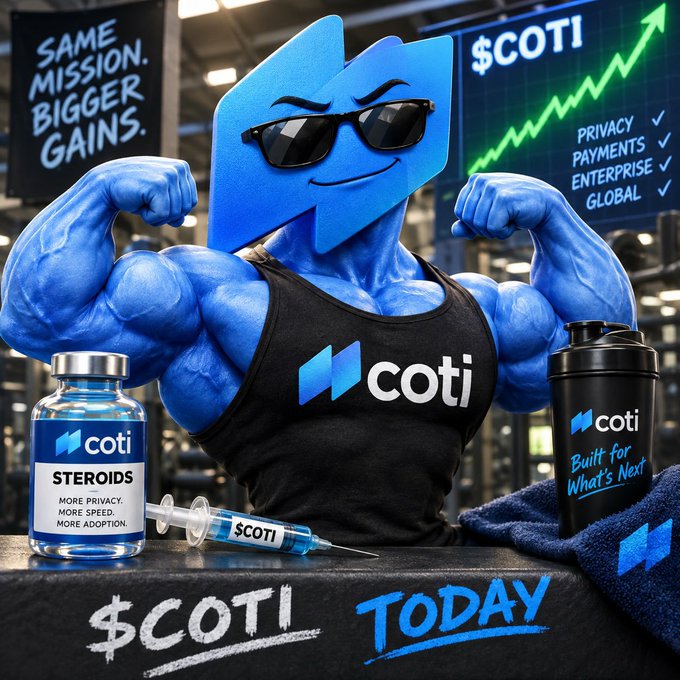 Promotional artwork for cryptocurrency '$COTI' featuring a muscular blue mascot in sunglasses flexing alongside branded merchandise like a 'STEROIDS' vial and shaker bottle, with text 'SAME MISSION. BIGGER GAINS.'